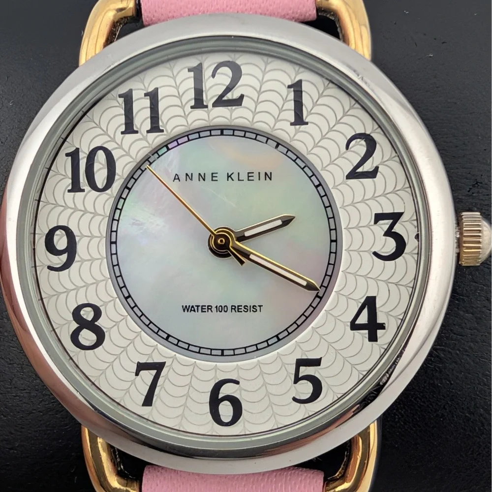 Anne‎ Klein Womens Watch MOP Spider Web Dial Pink Strap Two Tone 100FT WR